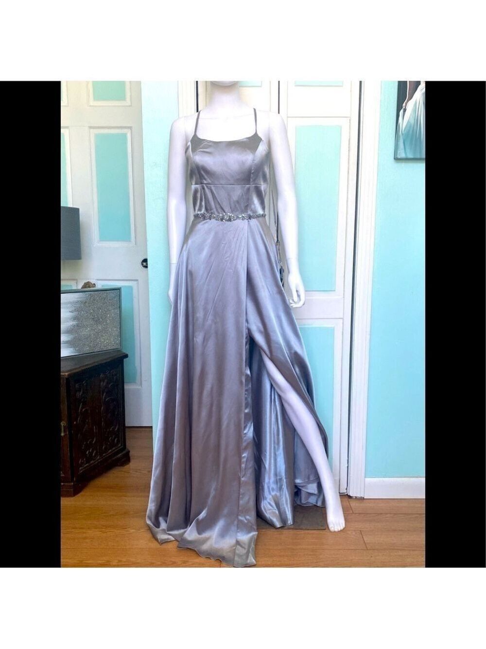Size 6 Clarisse 3712 Open Back Side Slit Satin Prom Dress Platinum Silver NWD